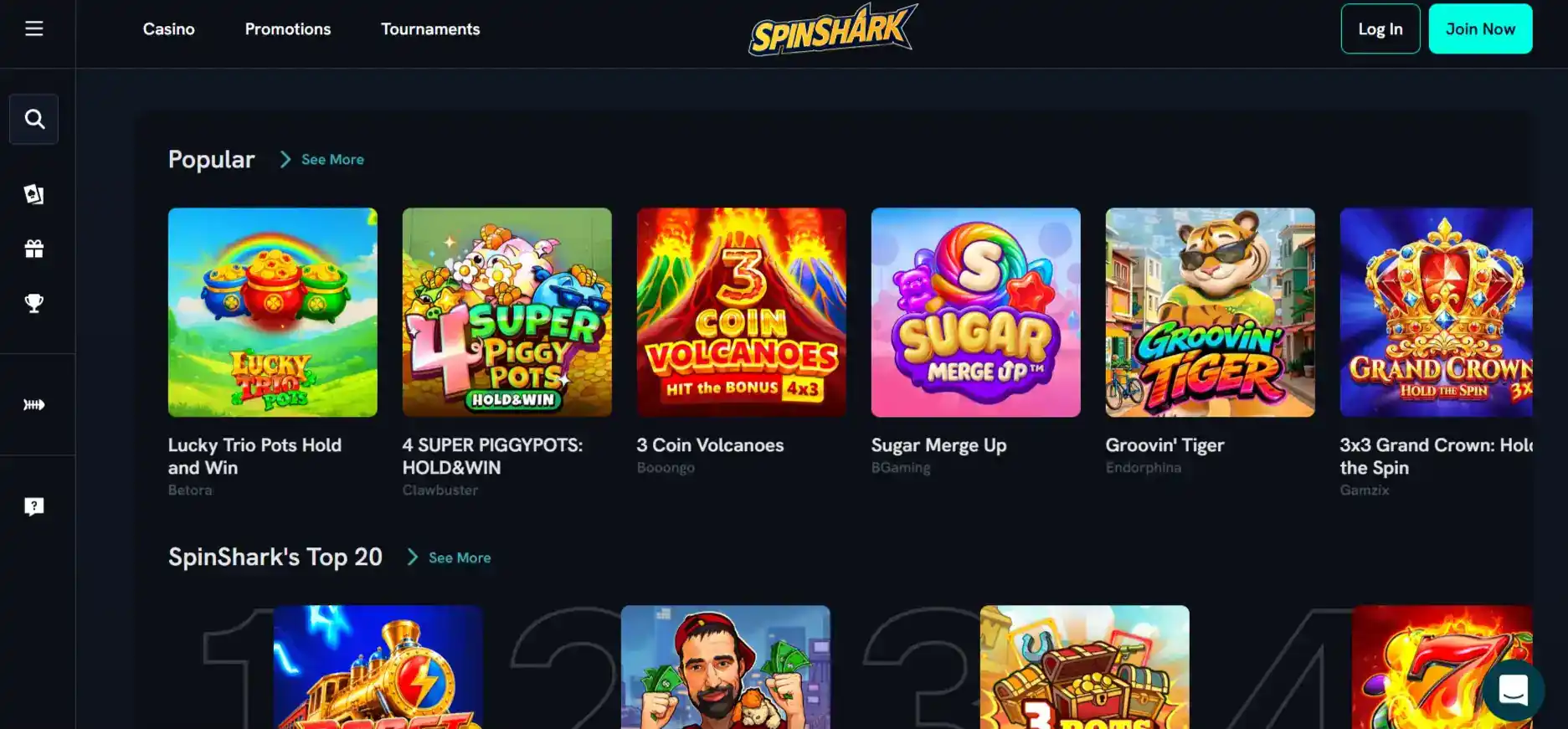 SpinShark casino homepage interface