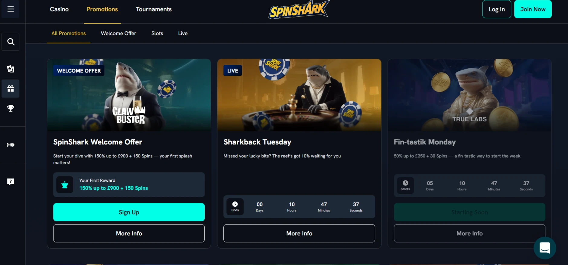 SpinShark promotions area showing the welcome offer