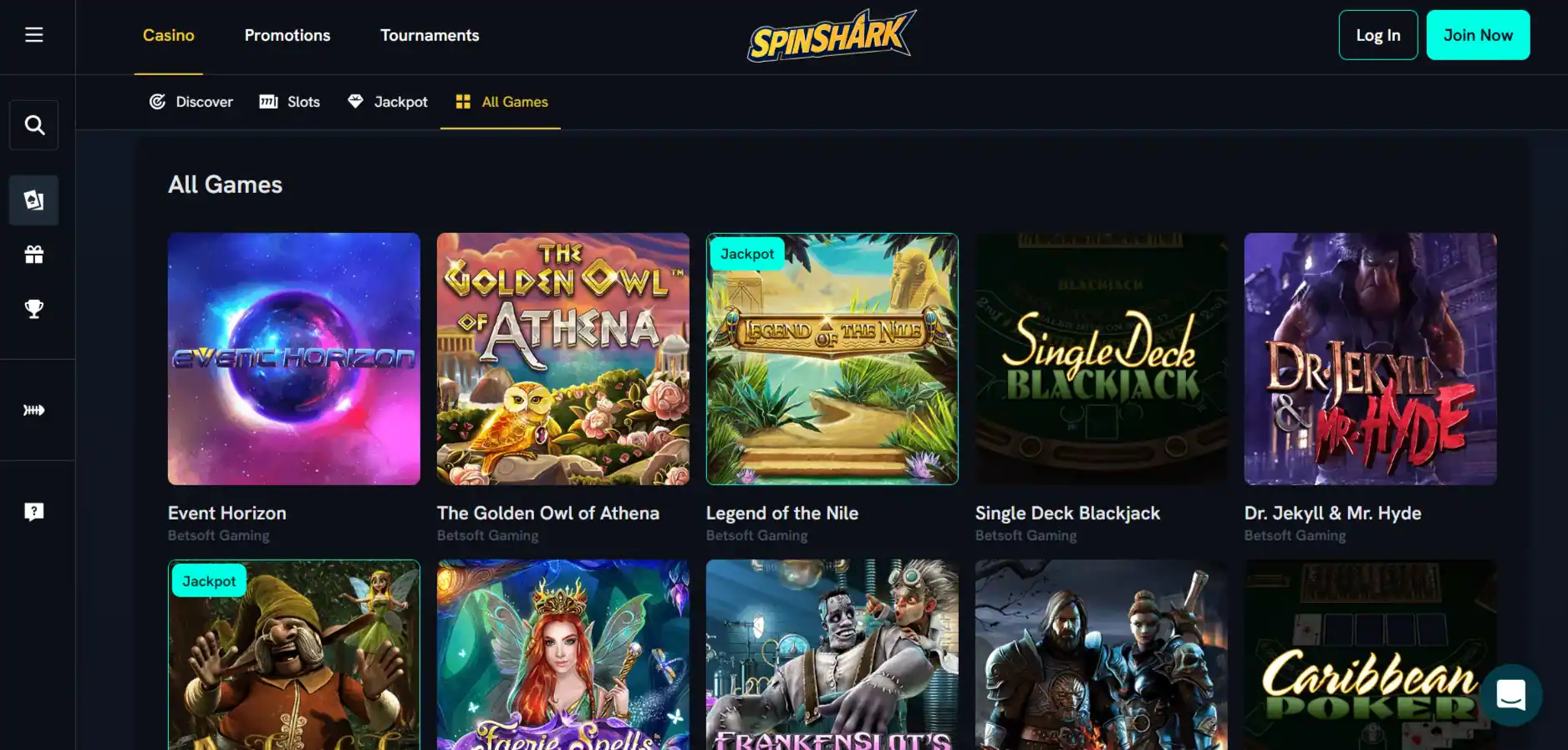 SpinShark games lobby with representative game categories