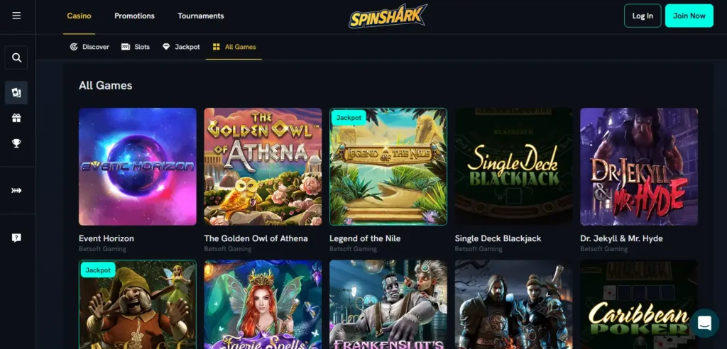 SpinShark games lobby showing representative casino categories