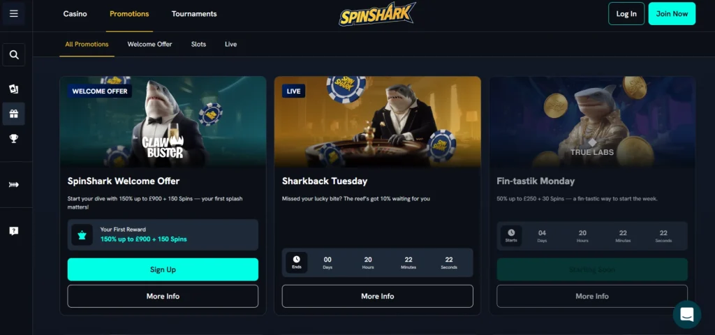 SpinShark welcome promotion shown on the official promotions page