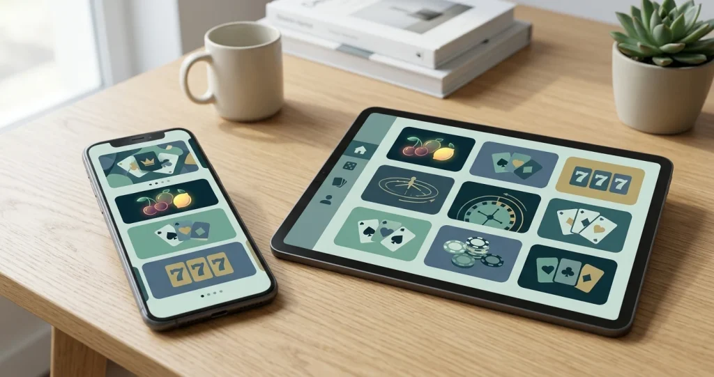 Concept illustration of a responsive casino interface on smartphone and tablet