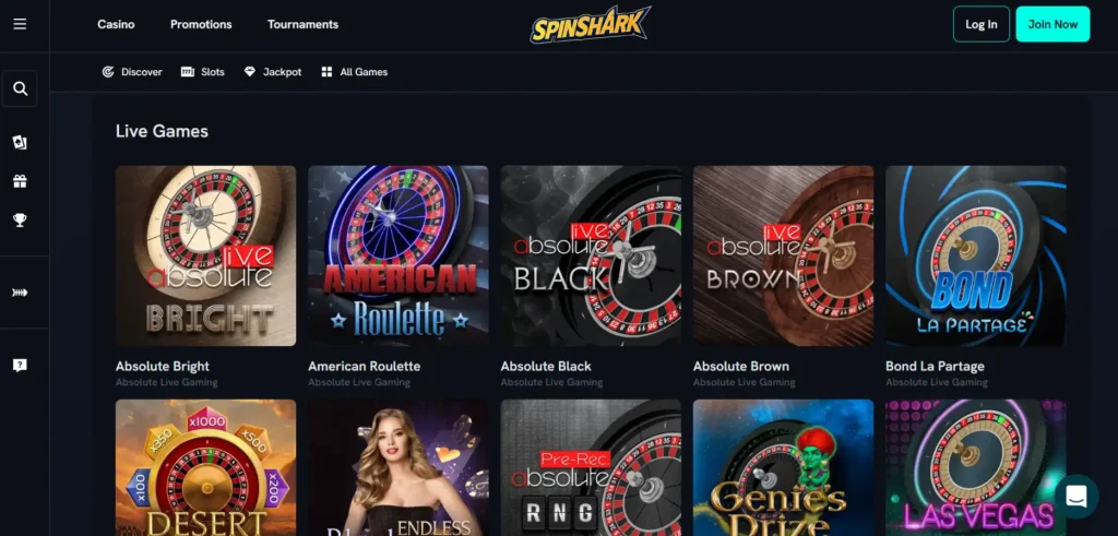 SpinShark live casino lobby with dealer game categories