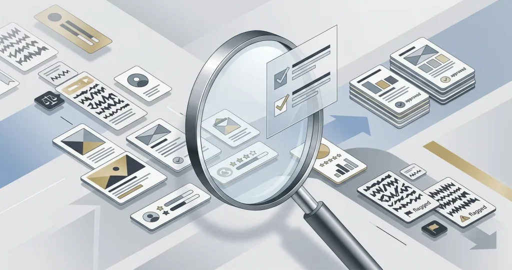 Editorial illustration of player reviews being filtered by evidence quality